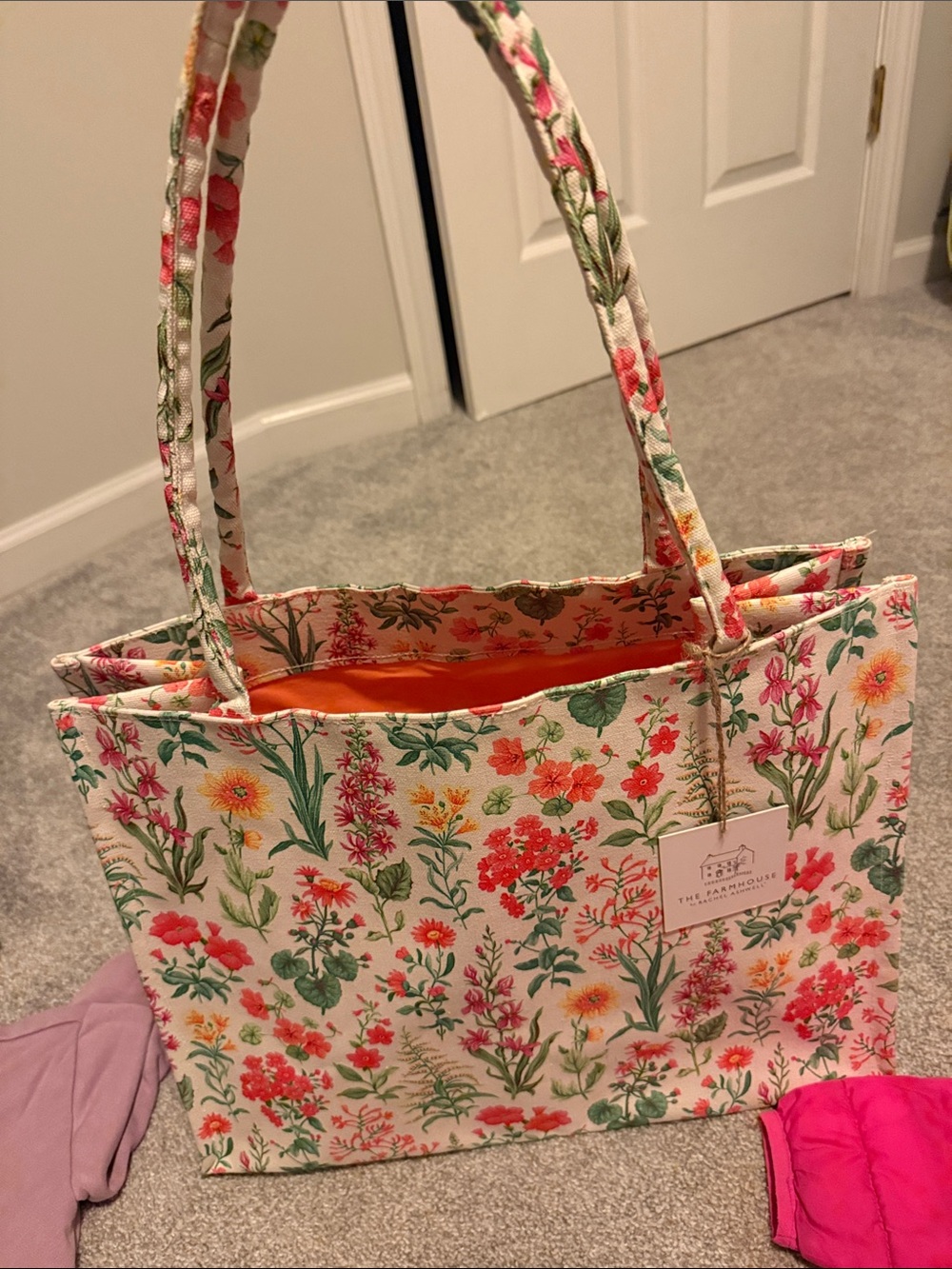 Floral Canvas Tote Bag with Orange Interior